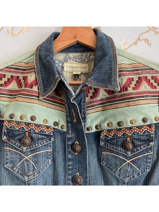 Coldwater Creek Women Western Boho Denim Jacket Size PS Southwestern Embroidered - Picture 4 of 13